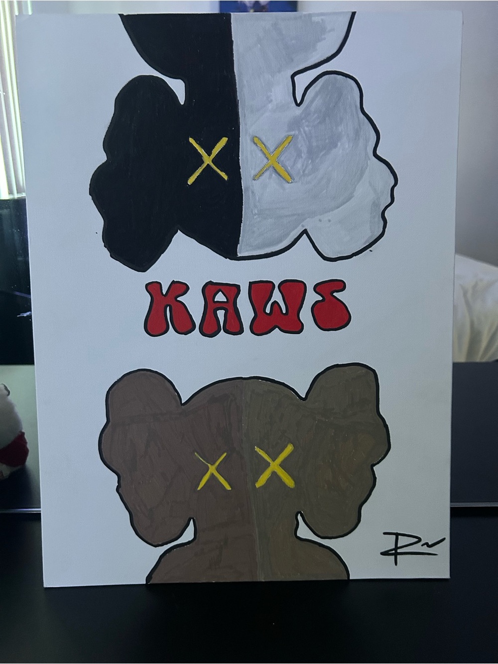 KAWS-Inspired Black, White, Brown Wall Art Painting